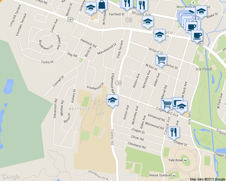 map of restaurants, bars, coffee shops, grocery stores, and more near 15 Edgewood Way in New Haven