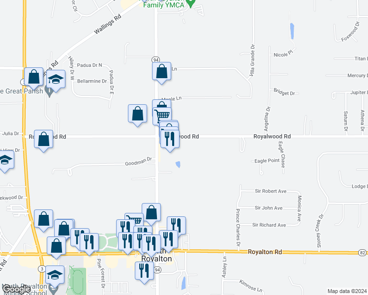 map of restaurants, bars, coffee shops, grocery stores, and more near 5291 Royalwood Road in North Royalton