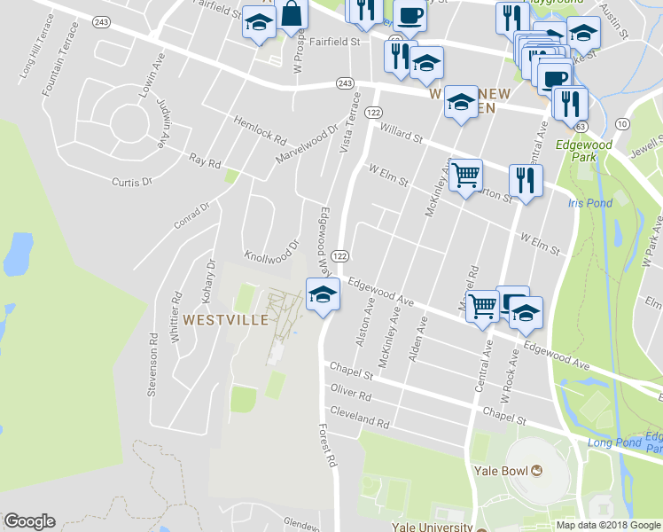 map of restaurants, bars, coffee shops, grocery stores, and more near 15 Edgewood Way in New Haven