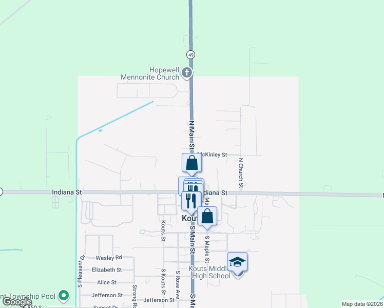 map of restaurants, bars, coffee shops, grocery stores, and more near 100 McKinley Street in Kouts
