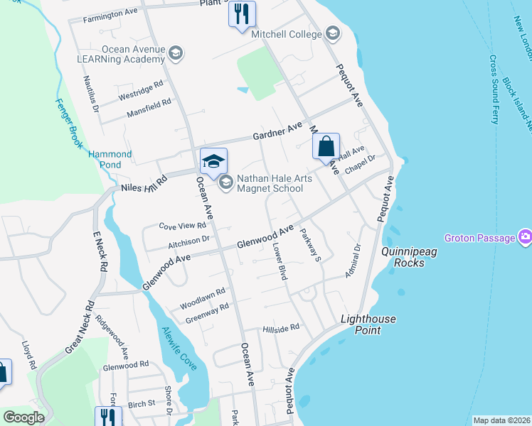 map of restaurants, bars, coffee shops, grocery stores, and more near 2nd Avenue in New London