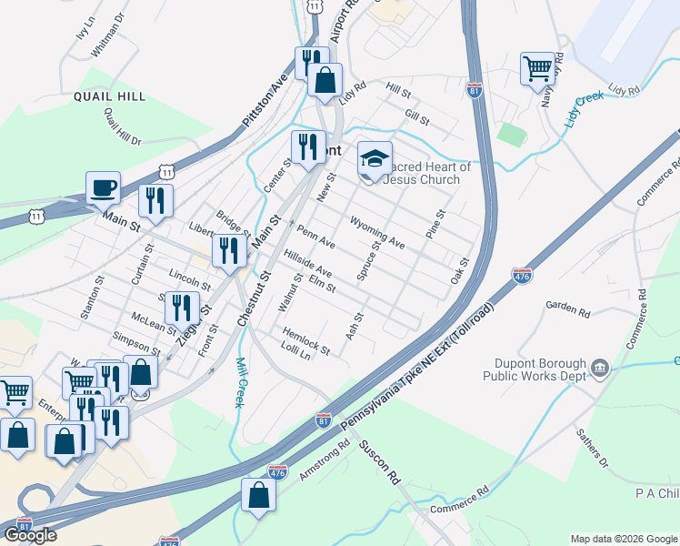 map of restaurants, bars, coffee shops, grocery stores, and more near 227 Hillside Ave in Dupont