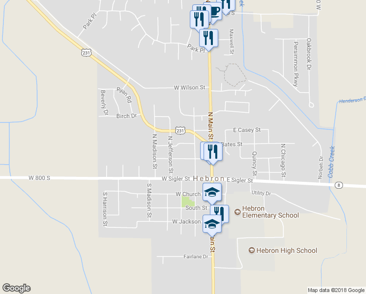 map of restaurants, bars, coffee shops, grocery stores, and more near 210 West Bates Street in Hebron