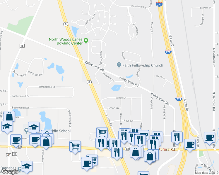 map of restaurants, bars, coffee shops, grocery stores, and more near 8433 Legend Court in Macedonia