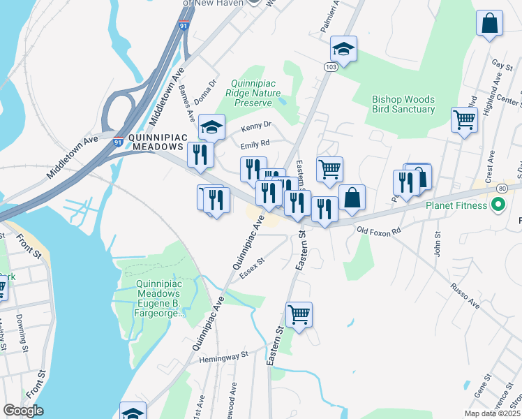 map of restaurants, bars, coffee shops, grocery stores, and more near 1228 Quinnipiac Avenue in New Haven