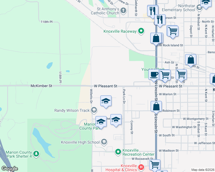 map of restaurants, bars, coffee shops, grocery stores, and more near 1834 West Pleasant Street in Knoxville