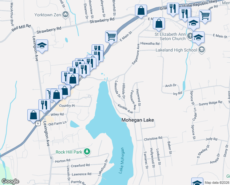 map of restaurants, bars, coffee shops, grocery stores, and more near 3481 Lakeside Drive in Mohegan Lake