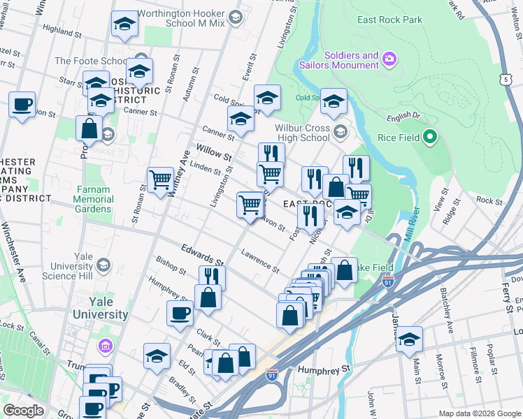 map of restaurants, bars, coffee shops, grocery stores, and more near 51 Avon Street in New Haven