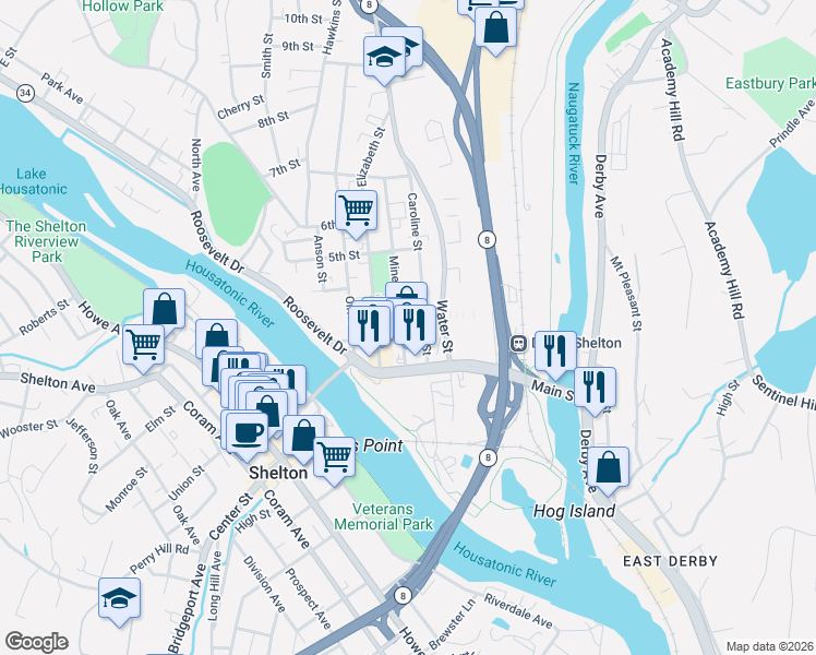 map of restaurants, bars, coffee shops, grocery stores, and more near 2 3rd Street in Derby