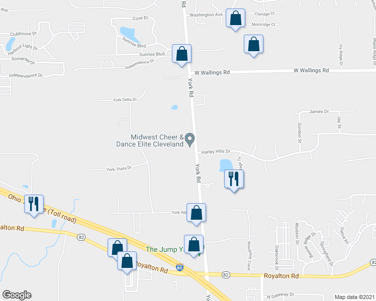 map of restaurants, bars, coffee shops, grocery stores, and more near 12800 York Rd in North Royalton