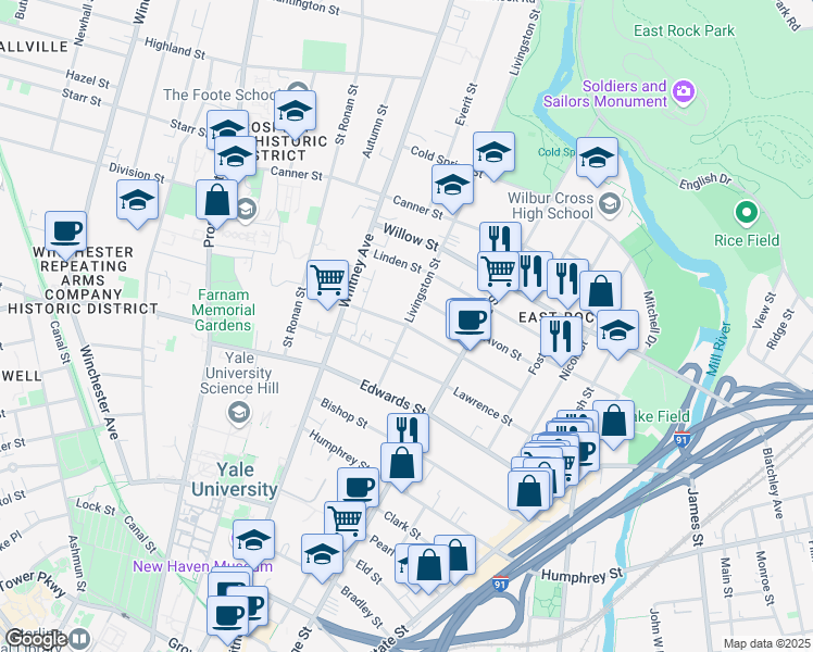 map of restaurants, bars, coffee shops, grocery stores, and more near Livingston Street & Cottage Street in New Haven