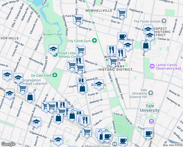 map of restaurants, bars, coffee shops, grocery stores, and more near 68 Henry Street in New Haven