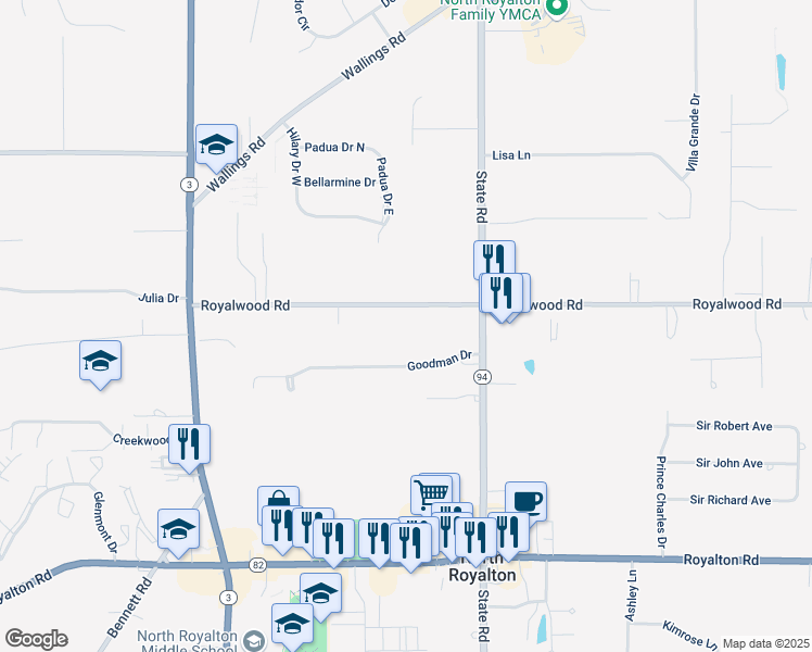 map of restaurants, bars, coffee shops, grocery stores, and more near 5929 Royalwood Road in North Royalton