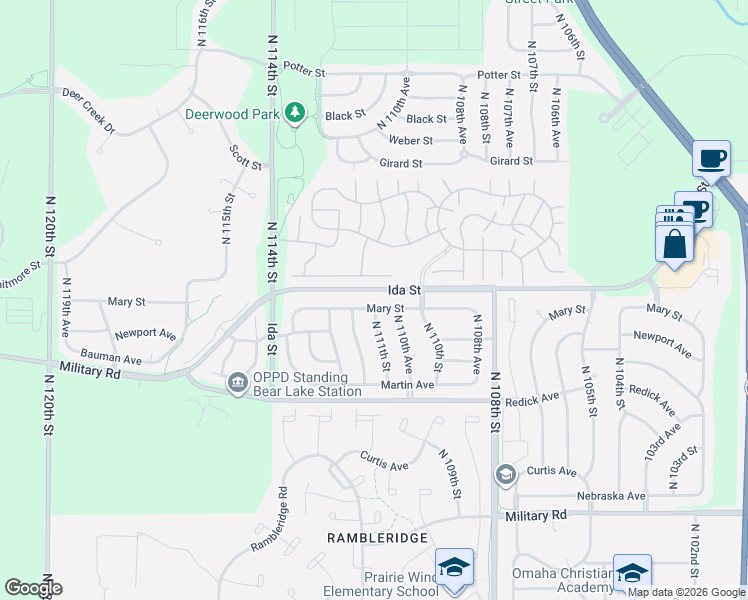 map of restaurants, bars, coffee shops, grocery stores, and more near 6726 North 111th Street in Omaha