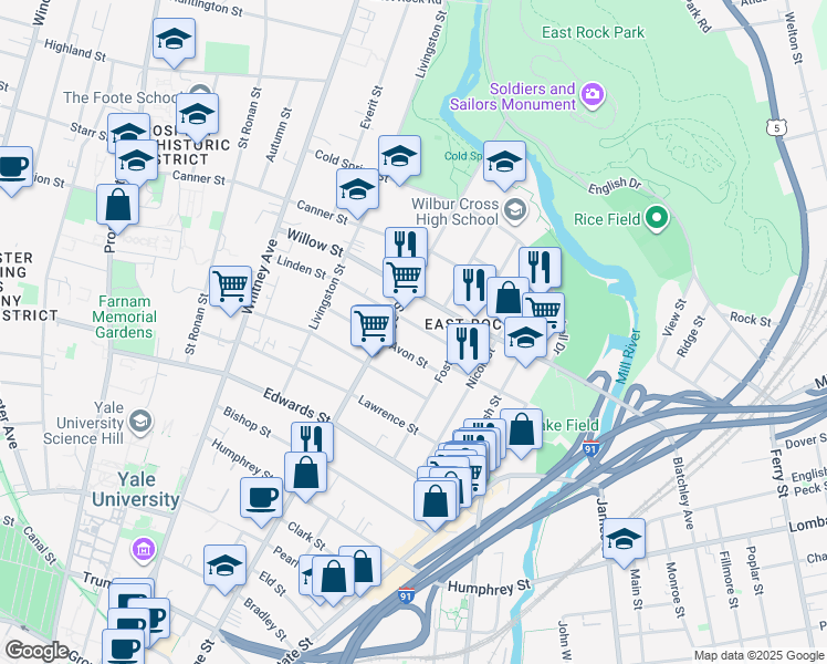 map of restaurants, bars, coffee shops, grocery stores, and more near 51 Avon Street in New Haven