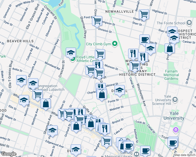 map of restaurants, bars, coffee shops, grocery stores, and more near 282 Dixwell Avenue in New Haven