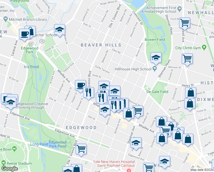 map of restaurants, bars, coffee shops, grocery stores, and more near 374 Ellsworth Avenue in New Haven