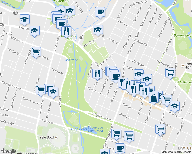 map of restaurants, bars, coffee shops, grocery stores, and more near 112 Hubinger Street in New Haven