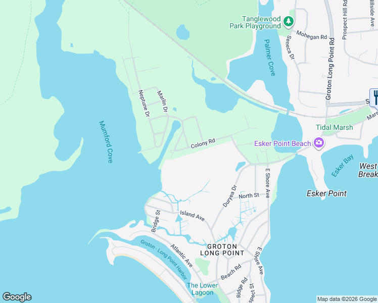 map of restaurants, bars, coffee shops, grocery stores, and more near 107 Colony Road in Groton