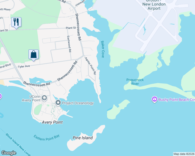 map of restaurants, bars, coffee shops, grocery stores, and more near 128 Jupiter Point Road in Groton