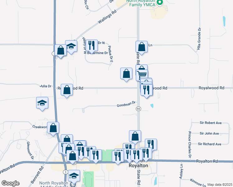 map of restaurants, bars, coffee shops, grocery stores, and more near 5929 Royalwood Road in North Royalton