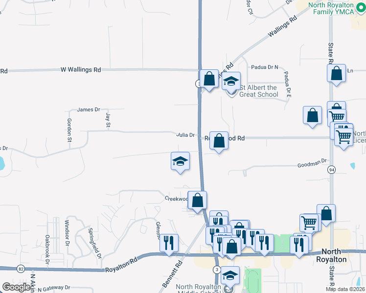map of restaurants, bars, coffee shops, grocery stores, and more near 7240 Hi View Drive in North Royalton