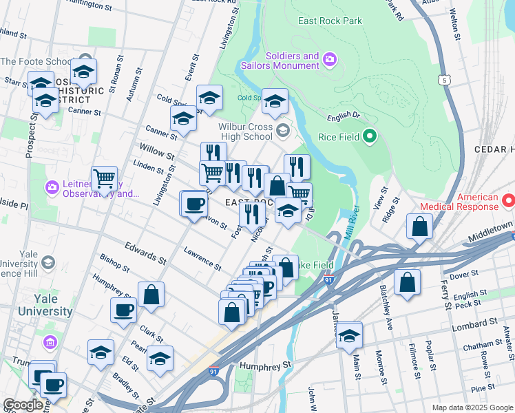 map of restaurants, bars, coffee shops, grocery stores, and more near 156 Willow Street in New Haven