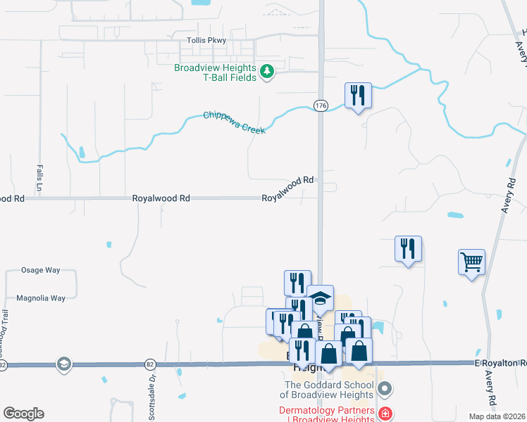 map of restaurants, bars, coffee shops, grocery stores, and more near 1263 Royalwood Road in Broadview Heights