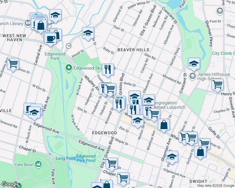 map of restaurants, bars, coffee shops, grocery stores, and more near 1510 Ella T Grasso Boulevard in New Haven