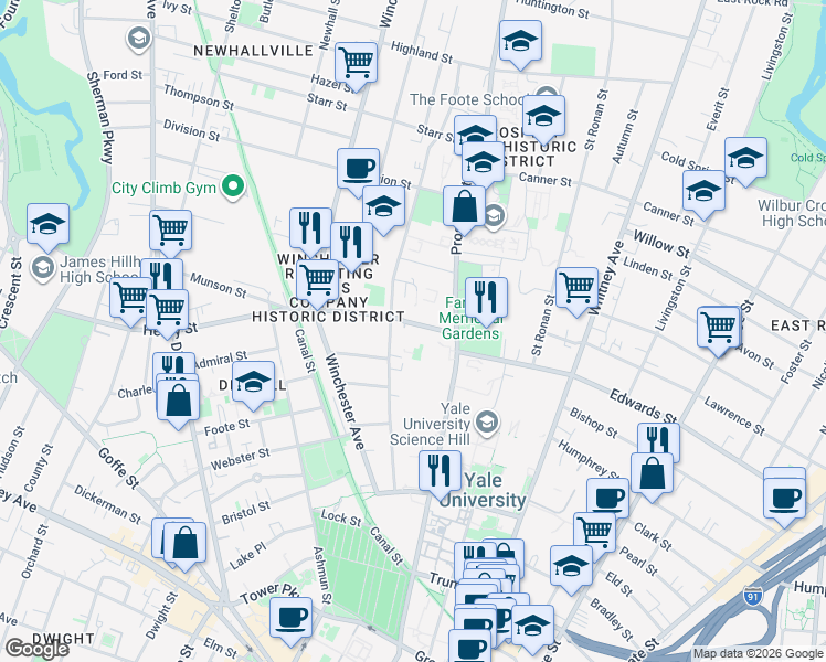 map of restaurants, bars, coffee shops, grocery stores, and more near 52 Hillside Place in New Haven