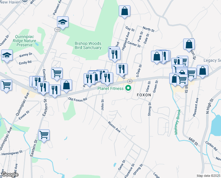 map of restaurants, bars, coffee shops, grocery stores, and more near 59 Old Foxon Road in East Haven