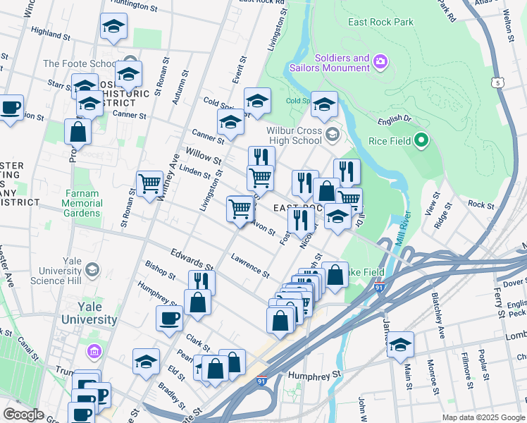 map of restaurants, bars, coffee shops, grocery stores, and more near 52 Linden Street in New Haven
