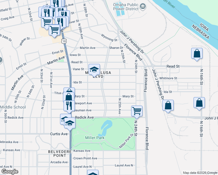 map of restaurants, bars, coffee shops, grocery stores, and more near 2577 Titus Avenue in Omaha