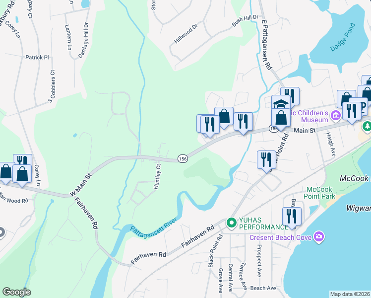 map of restaurants, bars, coffee shops, grocery stores, and more near 61 West Main Street in East Lyme