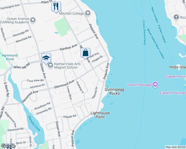 map of restaurants, bars, coffee shops, grocery stores, and more near 911 Montauk Avenue in New London