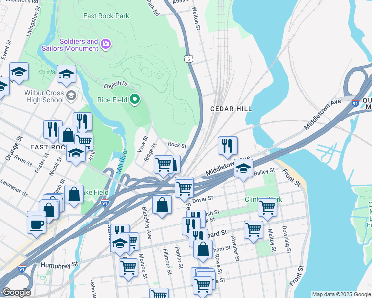 map of restaurants, bars, coffee shops, grocery stores, and more near 1395 State Street in New Haven