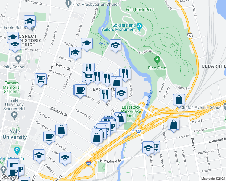 map of restaurants, bars, coffee shops, grocery stores, and more near 150 Willow Street in New Haven