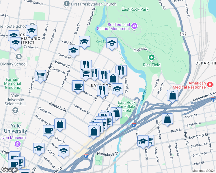 map of restaurants, bars, coffee shops, grocery stores, and more near 150 Willow Street in New Haven