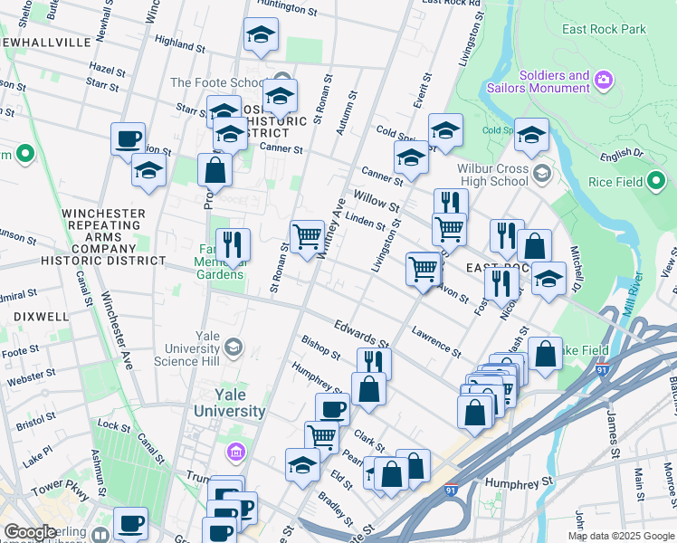 map of restaurants, bars, coffee shops, grocery stores, and more near 235 Lawrence Street in New Haven