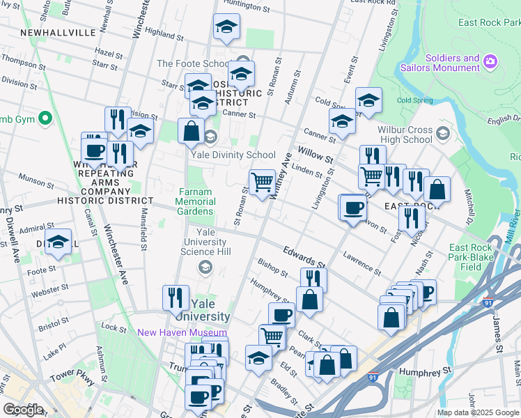map of restaurants, bars, coffee shops, grocery stores, and more near 298 Lawrence Street in New Haven