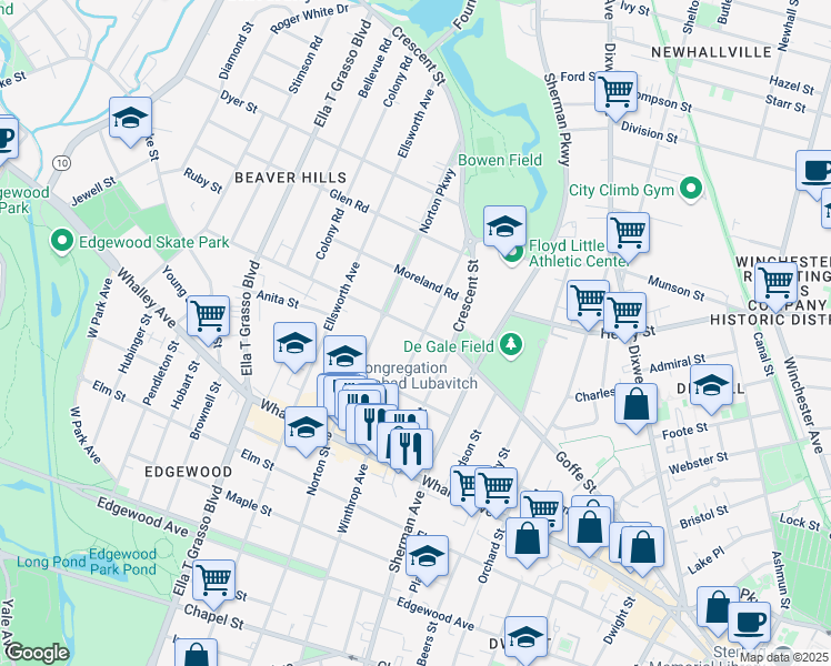 map of restaurants, bars, coffee shops, grocery stores, and more near 573 Winthrop Avenue in New Haven