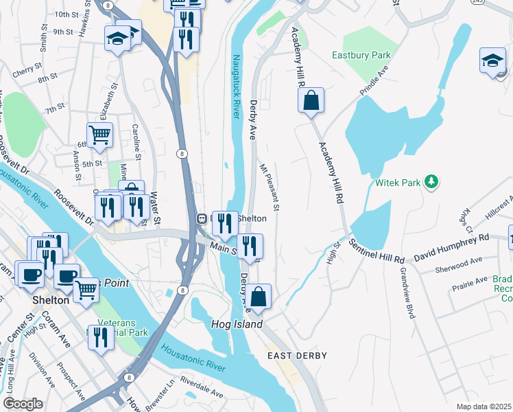 map of restaurants, bars, coffee shops, grocery stores, and more near 137 Derby Avenue in Derby