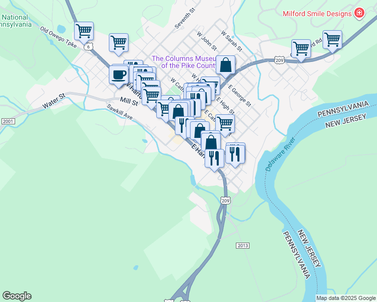 map of restaurants, bars, coffee shops, grocery stores, and more near 120 Sawkill Drive in Milford
