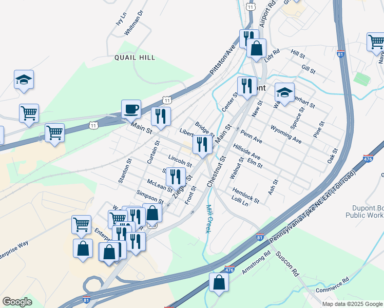 map of restaurants, bars, coffee shops, grocery stores, and more near 322 Main Street in Dupont