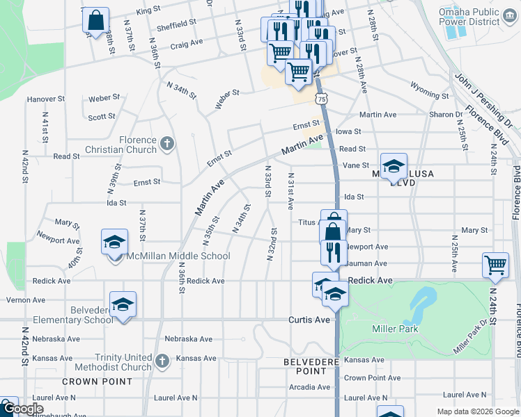 map of restaurants, bars, coffee shops, grocery stores, and more near 6733 North 33rd Street in Omaha