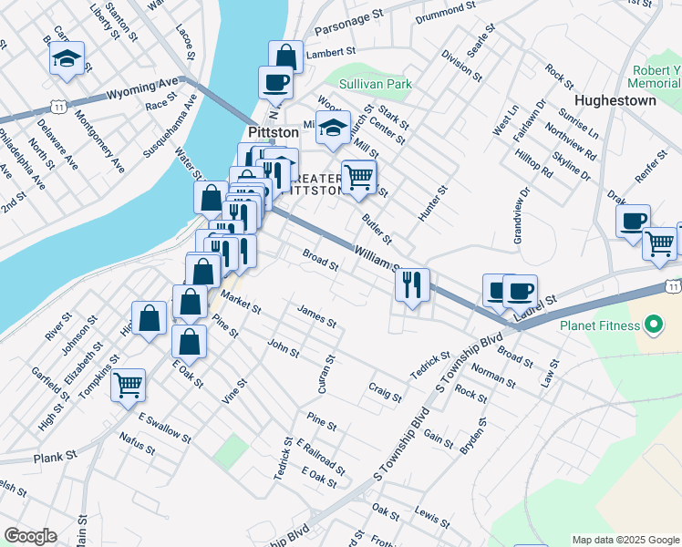map of restaurants, bars, coffee shops, grocery stores, and more near 121 Broad Street in Pittston