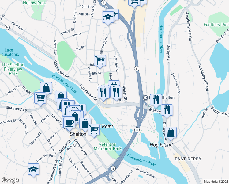 map of restaurants, bars, coffee shops, grocery stores, and more near 2 3rd Street in Derby
