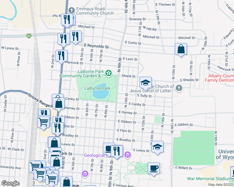 map of restaurants, bars, coffee shops, grocery stores, and more near 999 North 9th Street in Laramie