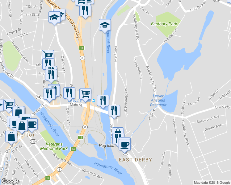 map of restaurants, bars, coffee shops, grocery stores, and more near 143 Derby Avenue in Derby