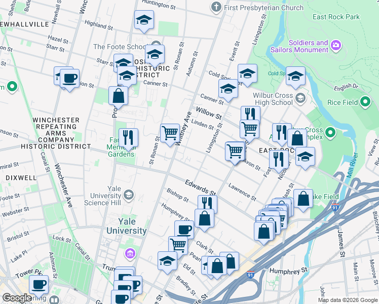 map of restaurants, bars, coffee shops, grocery stores, and more near 140 Cottage Street in New Haven